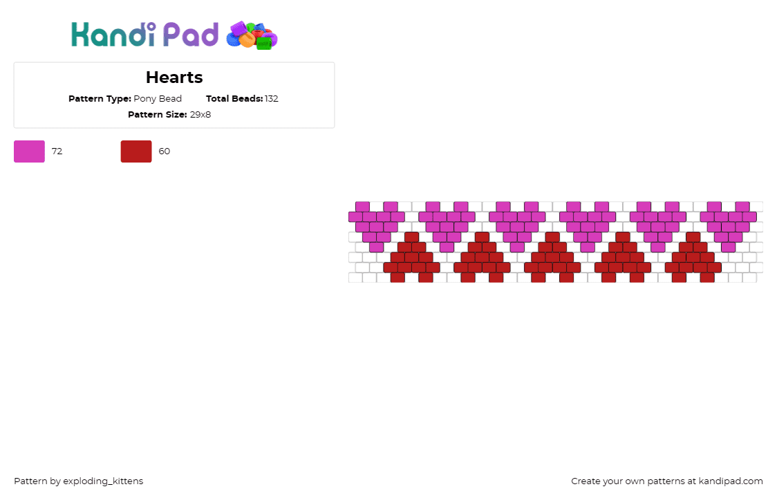 Hearts - Pony Bead Pattern by exploding_kittens on Kandi Pad - hearts,repeating,love,valentine,pink,red