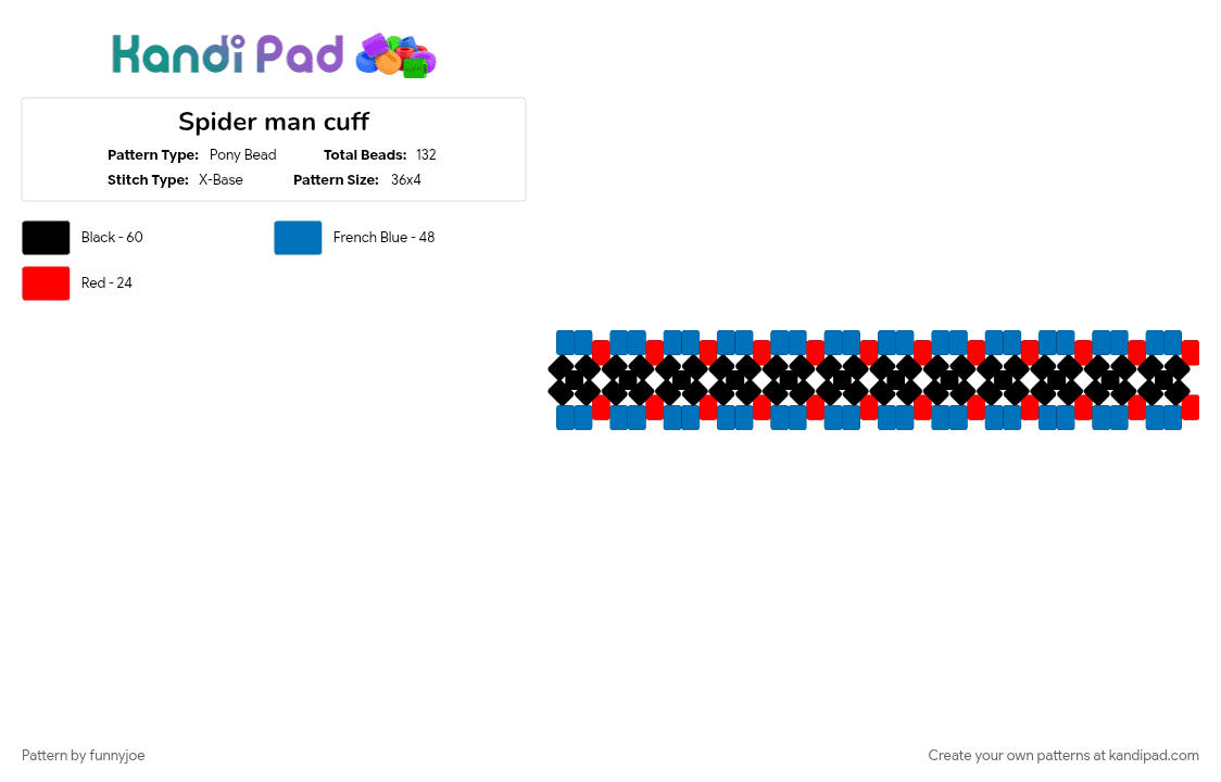 Spider man cuff - Pony Bead Pattern by funnyjoe on Kandi Pad - blue, red