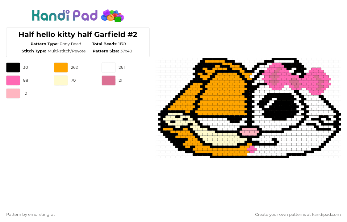 Half hello kitty half Garfield #2 - Pony Bead Pattern by emo_stingrat on Kandi Pad - hello kitty,garfield,cat,cartoon,anime,animal,orange