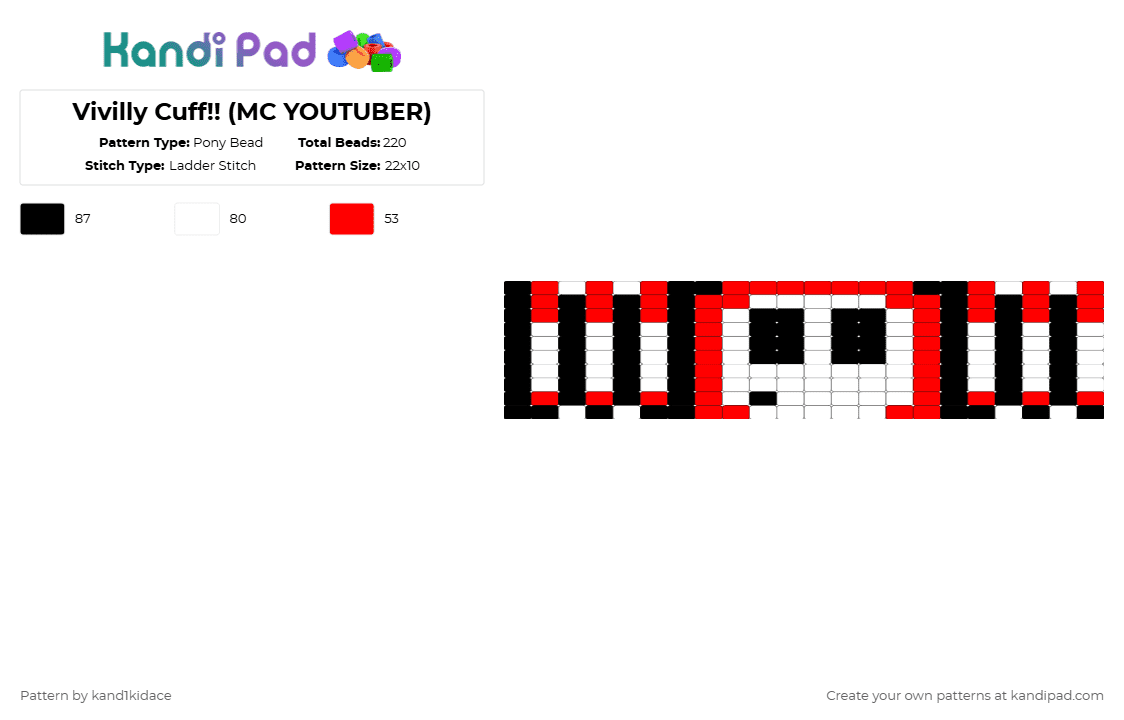 Vivilly Cuff!! (MC YOUTUBER) - Pony Bead Pattern by gambits on Kandi Pad - white,red,minecraft,youtuber,character,cuff,ladder stitch,vivilly,palpers,shyguy