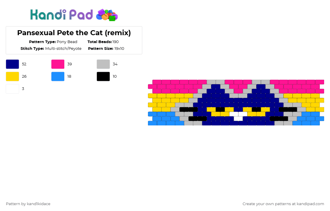 Pansexual Pete the Cat (remix) - Pony Bead Pattern by gambits on Kandi Pad - pink,beige,purple,yellow,pride,book