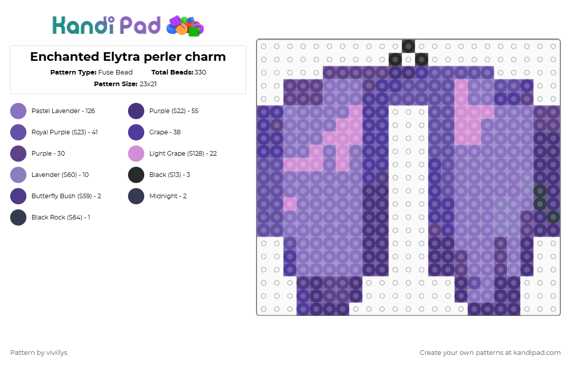 Enchanted Elytra perler charm - Fuse Bead Pattern by gambits on Kandi Pad - purple,blue,minecraft,elytra,enchanted,cool,flying,videogame,smp