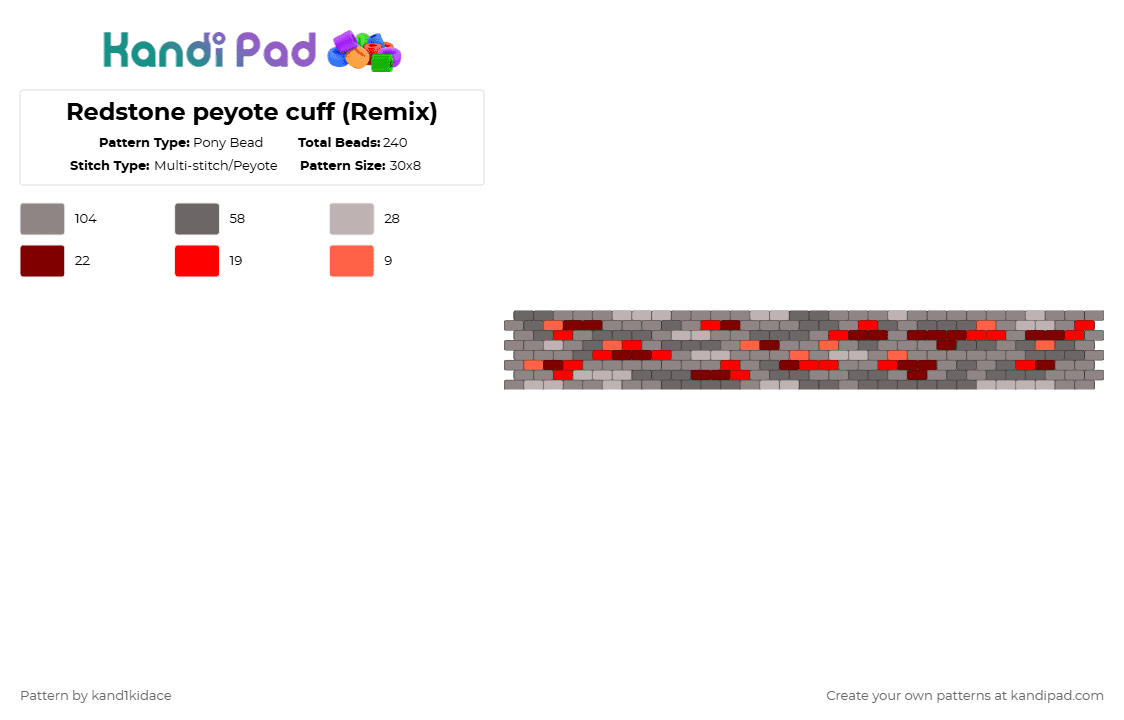 Redstone peyote cuff (Remix) - Pony Bead Pattern by gambits on Kandi Pad - gray,minecraft,gaming,peyote,cuff,kandi,ore