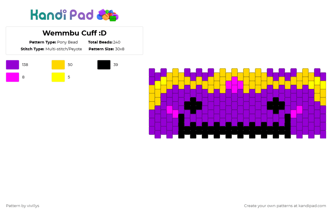 Wemmbu Cuff :D - Pony Bead Pattern by gambits on Kandi Pad - purple,unstablesmp,minecraft,silly,youtuber,crown,king