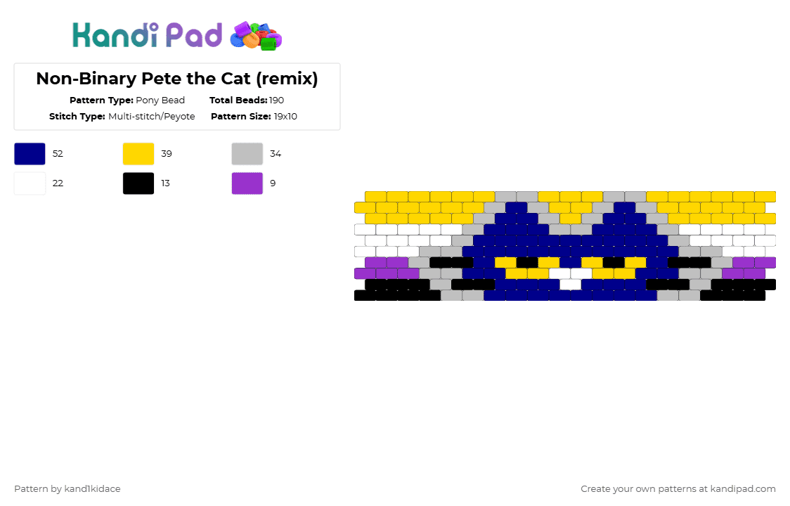 Non-Binary Pete the Cat (remix) - Pony Bead Pattern by gambits on Kandi Pad - yellow,purple,pride