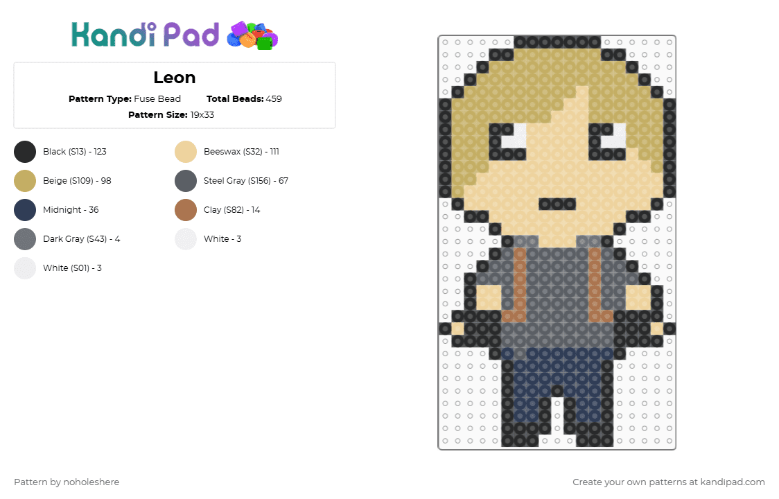 leon - Fuse Bead Pattern by noholeshere on Kandi Pad - leon,resident evil,chibi,character,man,person,video game,anime,gaming,beige
