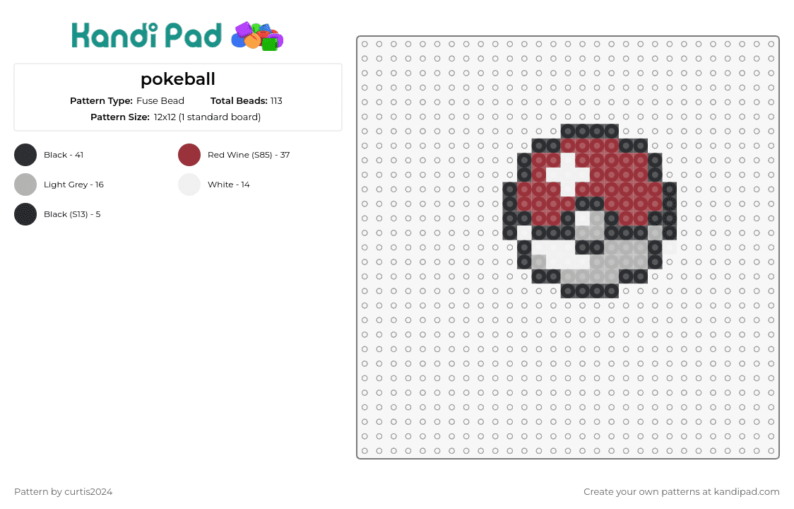pokeball - Fuse Bead Pattern by curtis2024 on Kandi Pad - pokeball,pokemon,gaming,fan art,nostalgia,geek culture,trainer,red