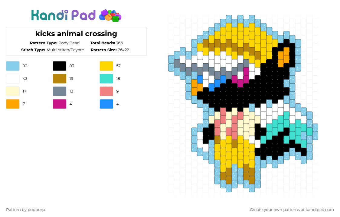 kicks animal crossing - Pony Bead Pattern by poppurp on Kandi Pad - light blue,yellow,animal crossing,kicks,skunk