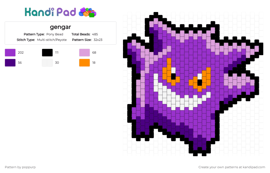 gengar - Pony Bead Pattern by poppurp on Kandi Pad - gengar, pokemon, purple
