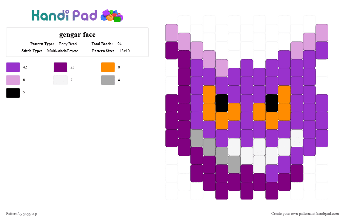 gengar face - Pony Bead Pattern by poppurp on Kandi Pad - pink,purple