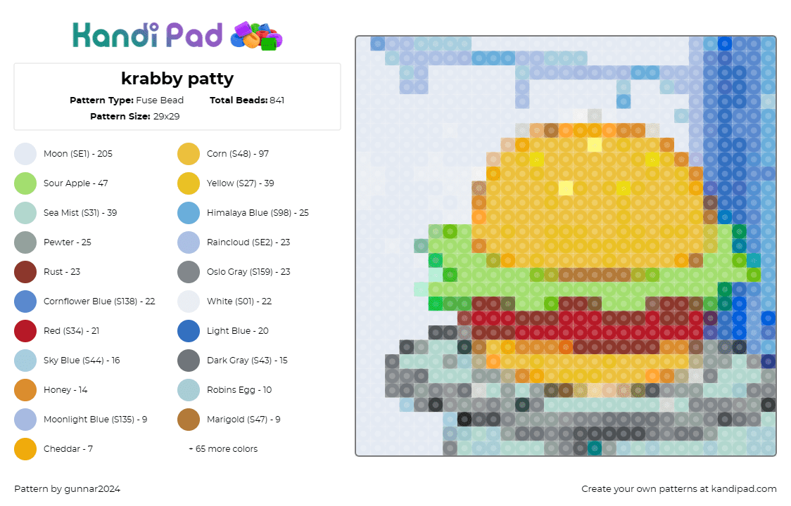 krabby patty - Fuse Bead Pattern by gunnar2024 on Kandi Pad - krabby patty,burger,spongebob squarepants,food,whimsical,playful,sesame,lettuce,