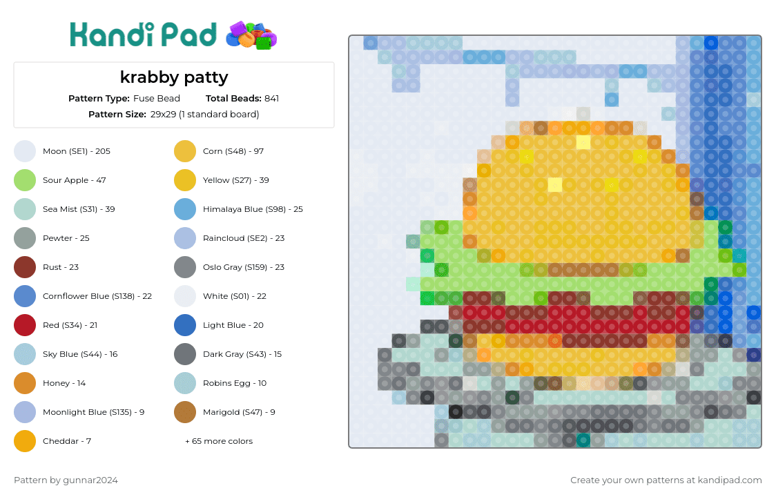 krabby patty - Fuse Bead Pattern by gunnar2024 on Kandi Pad - krabby patty,burger,spongebob squarepants,food,whimsical,playful,iconic,fan art,creativity,sesame,lettuce,orange,yellow