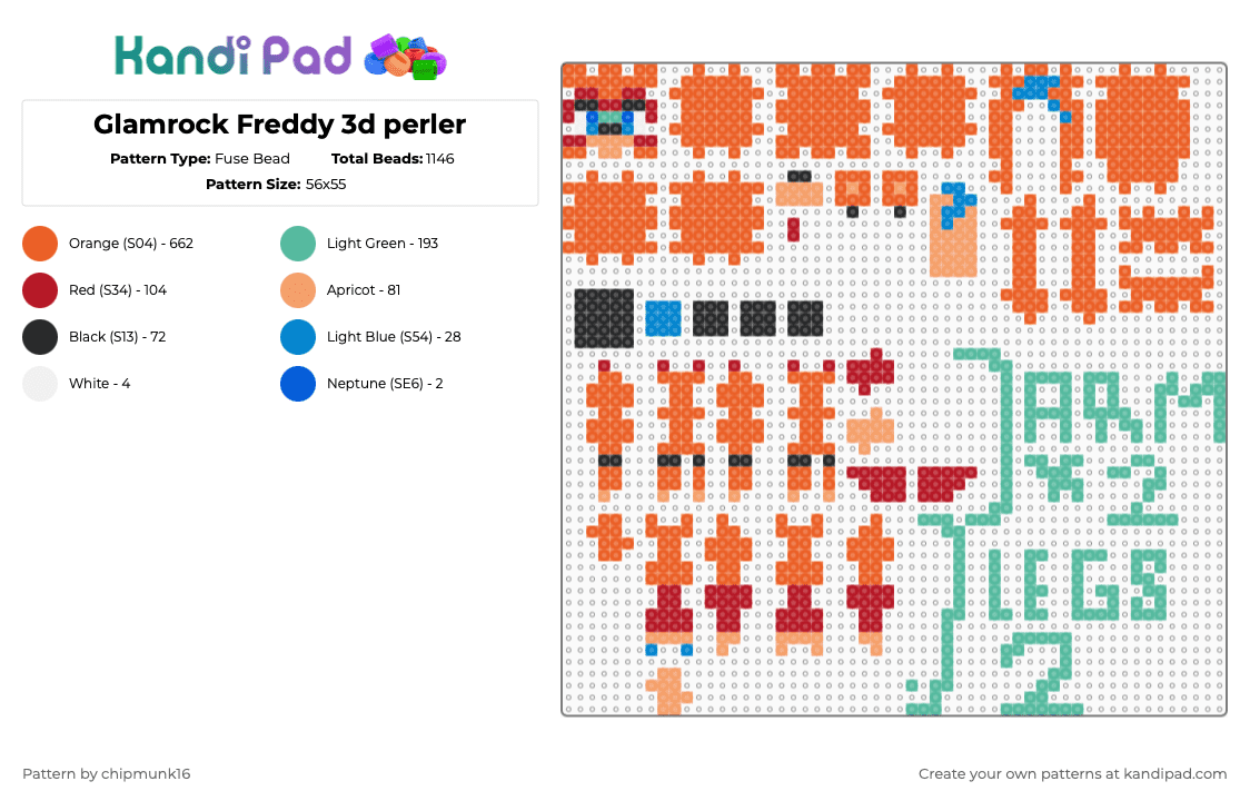 Glamrock Freddy 3d perler - Fuse Bead Pattern by chipmunk16 on Kandi Pad - orange