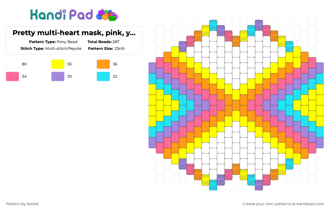 Pretty multi-heart mask, pink, yellow, orange, blue, purple. - Pony Bead Pattern by katkat on Kandi Pad - pink,yellow