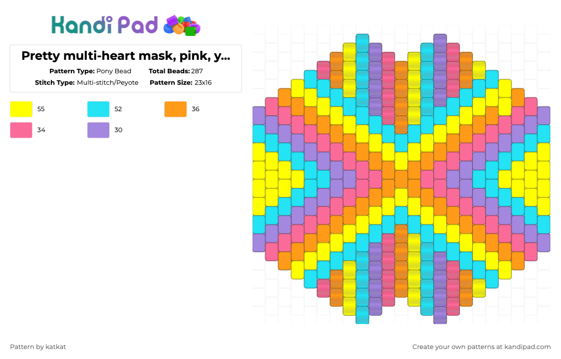 Pretty multi-heart mask, pink, yellow, orange, blue, purple. (Pearl hearts) - Pony Bead Pattern by katkat on Kandi Pad - light blue,pink,yellow