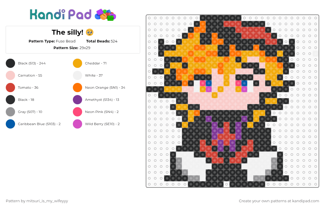 The silly! 🥹 - Fuse Bead Pattern by mitsuri_is_my_wifeyyy on Kandi Pad - black,red,orange,beige
