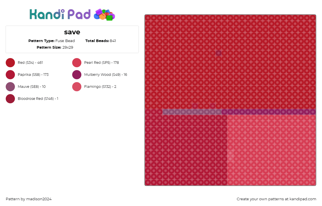 save - Fuse Bead Pattern by madison2024 on Kandi Pad - red,passion,vibrancy,bold,monochromatic,simple,canvas,abstract,contemporary,line