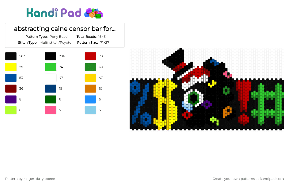 abstracting caine censor bar for @imserialdesignation - Pony Bead Pattern by mr_puzzles on Kandi Pad - abstraction, black, blue, caine, circus, colorful, green, red, tadc, teeth, yellow