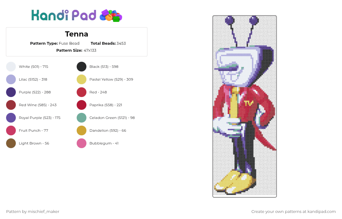 Tenna - Fuse Bead Pattern by mischief_maker on Kandi Pad - purple,yellow,pink,red