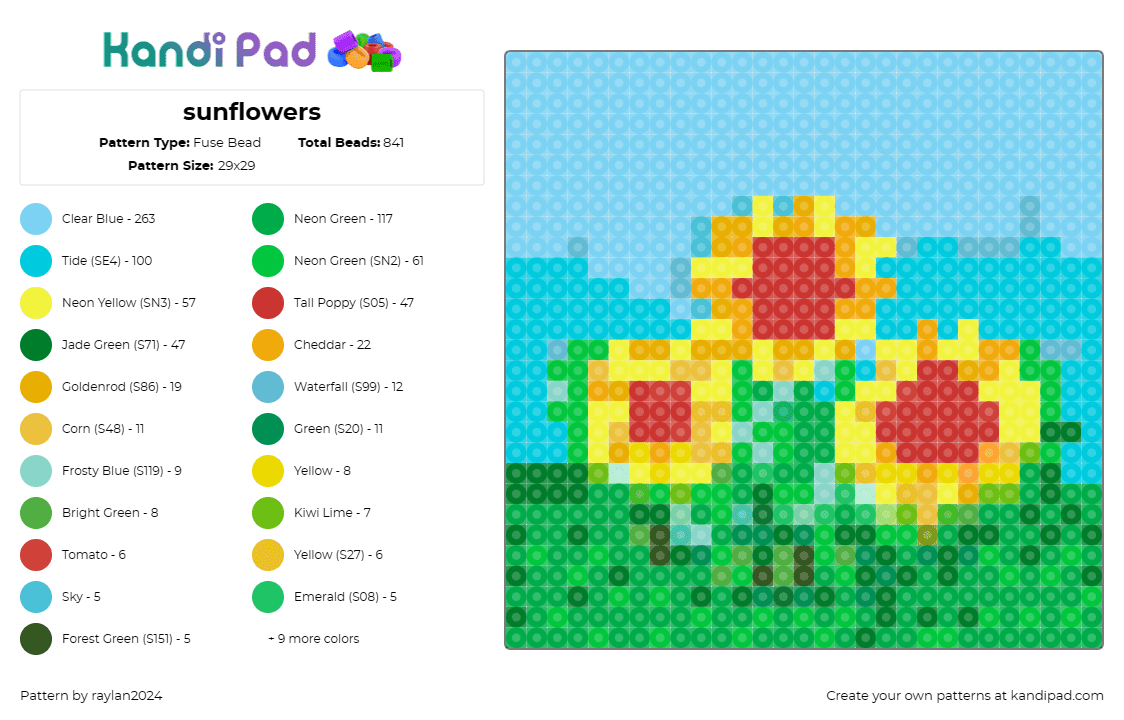 sunflowers - Fuse Bead Pattern by raylan2024 on Kandi Pad - sunflowers,bouquet,nature,floral,cheerful,sunny,vibrant,joy,yellow,green,blue