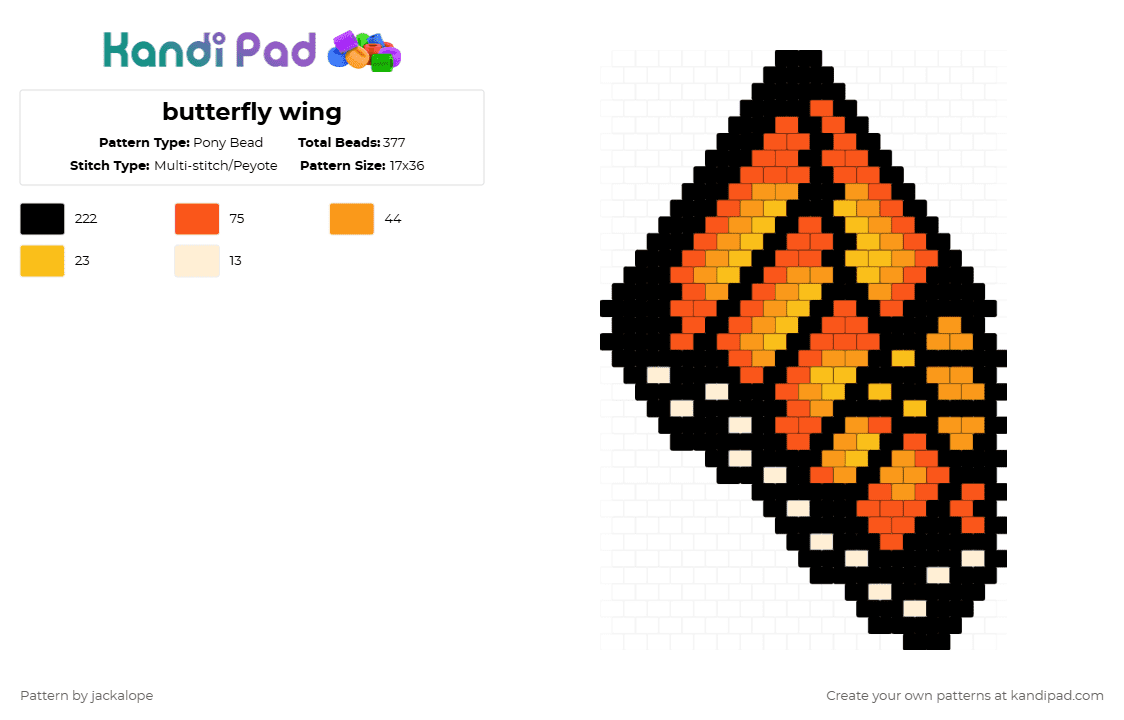 butterfly wing - Pony Bead Pattern by jackalope on Kandi Pad - black,orange,butterfly,wing,bug,monarch,fly,nature,animal