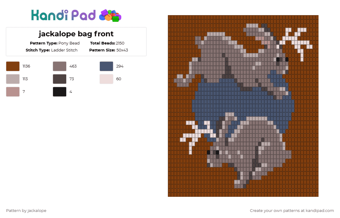 jackalope bag front - Pony Bead Pattern by jackalope on Kandi Pad - brown,jackalope,bag,moon,cryptid,nature,animal,bunny,rabbit