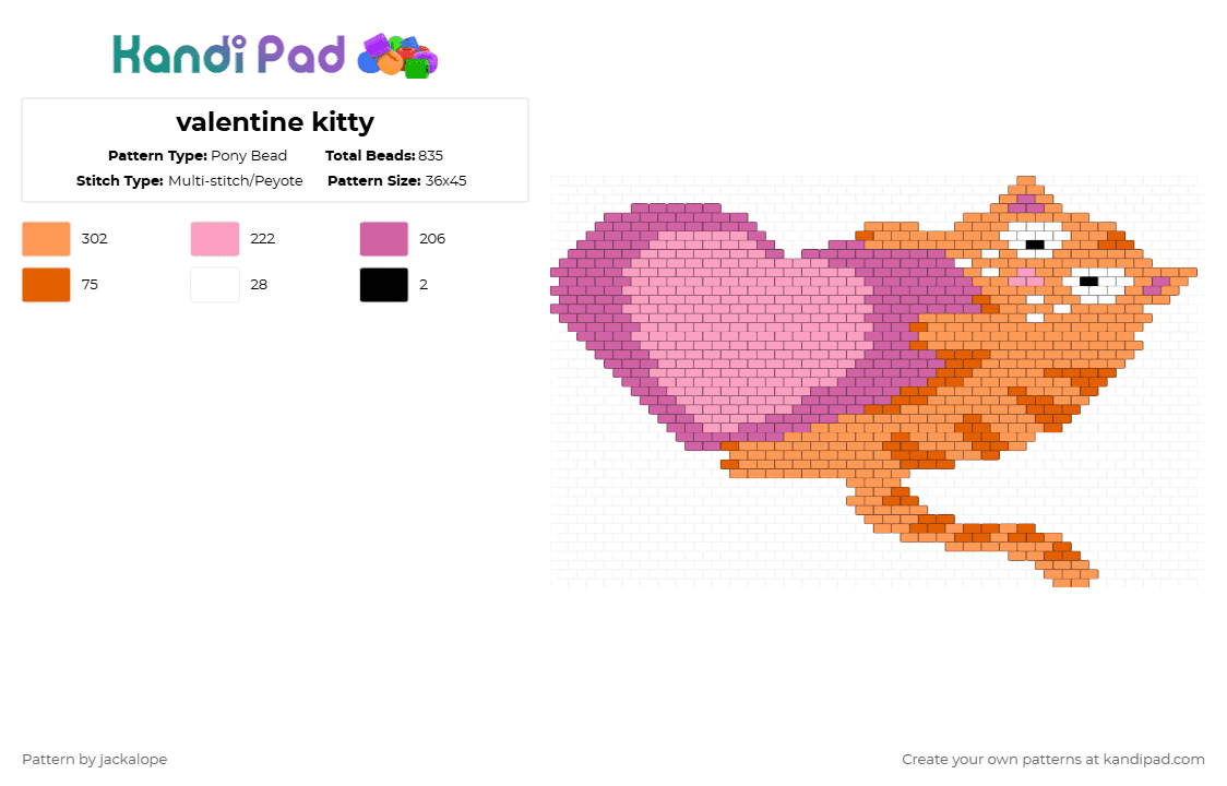 valentine kitty - Pony Bead Pattern by jackalope on Kandi Pad - pink,orange,valentine,cat,love,heart,lesbian,animal