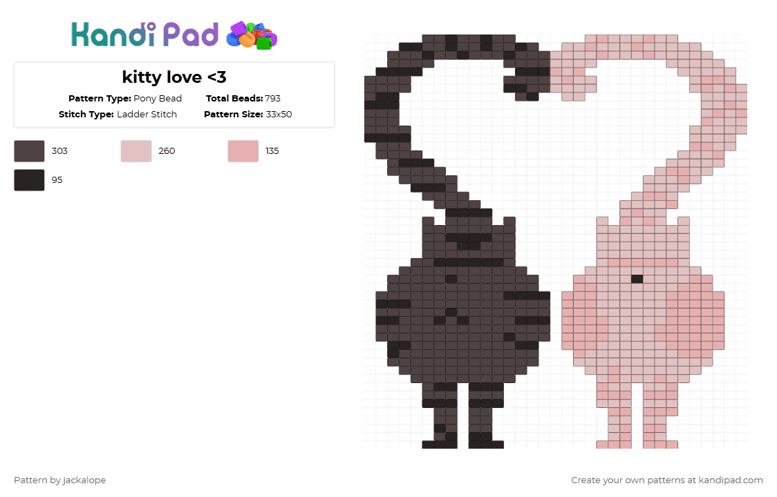 kitty love - Pony Bead Pattern by jackalope on Kandi Pad - brown,beige,cotdvalentinesday2026,cat,kitty,love,heart,valentine,pink