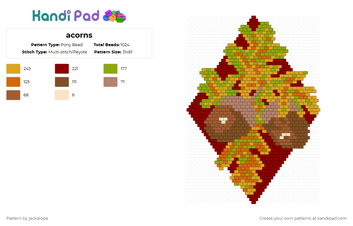acorns - Pony Bead Pattern by jackalope on Kandi Pad - red,orange,acorns,nuts,nature,leaves,leaf,fall,autumn