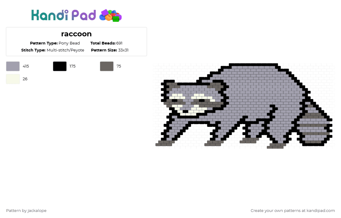 raccoon - Pony Bead Pattern by jackalope on Kandi Pad - gray,animal,cute,trash panda,raccoon,furry