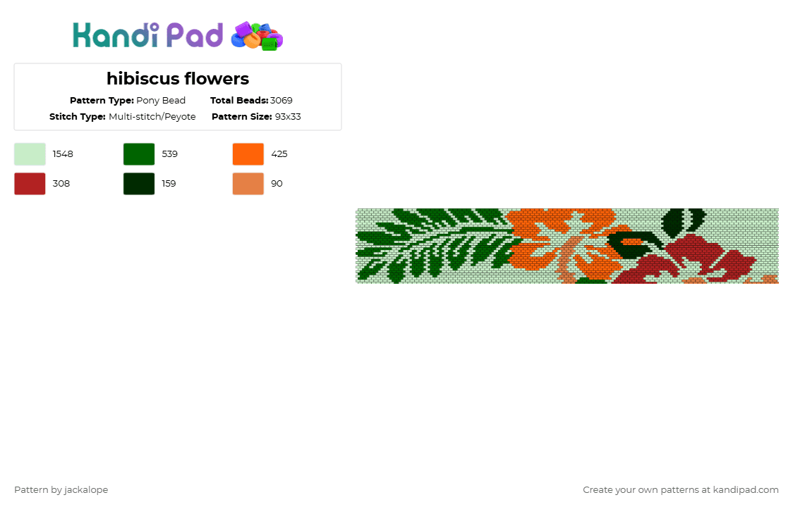hibiscus flowers - Pony Bead Pattern by jackalope on Kandi Pad - teal,hawaiian,flower,plants,leaves,cuff,hibiscus
