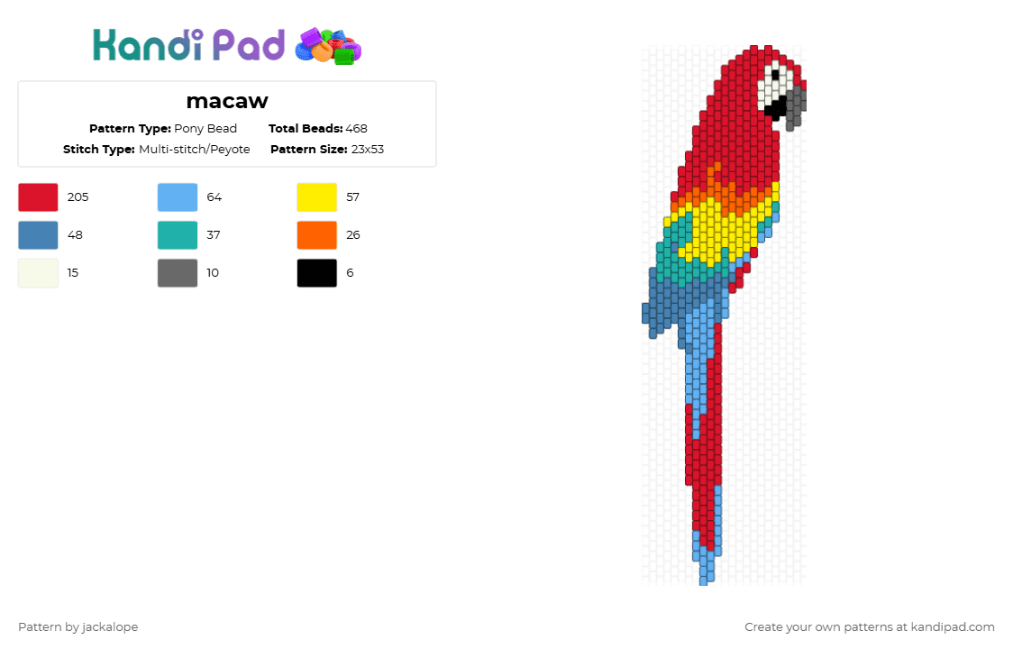 macaw - Pony Bead Pattern by jackalope on Kandi Pad - red,light blue,macaw,parrot,bird,birb,nature,animal,rainbow