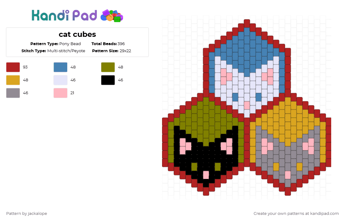 cat cubes - Pony Bead Pattern by jackalope on Kandi Pad - red,blue,gold,orange,cat,geometric,kitty,cubes,box,meow,animal