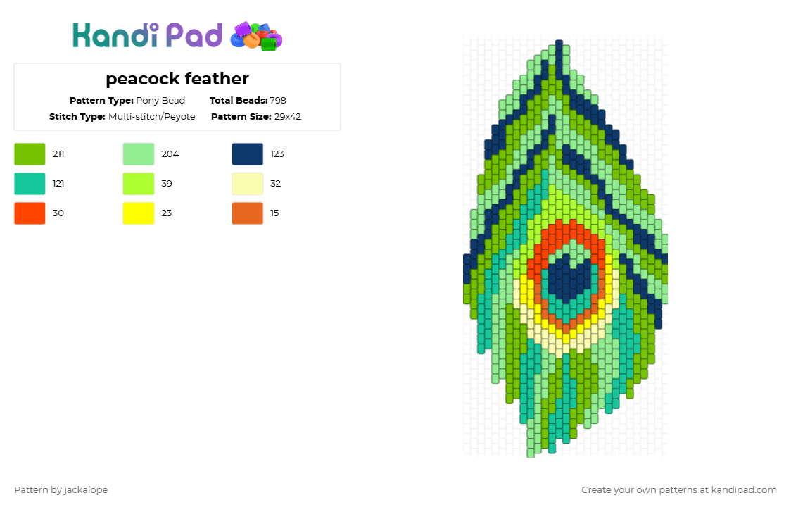 peacock feather - Pony Bead Pattern by jackalope on Kandi Pad - blue,teal,green,peacock,feather,bird,nature,wing,rainbow