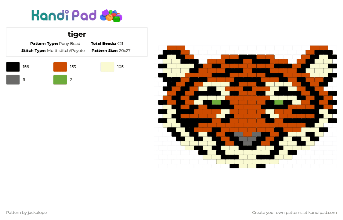 tiger - Pony Bead Pattern by jackalope on Kandi Pad - red,tiger,animal,rawr,furry,nature,cat