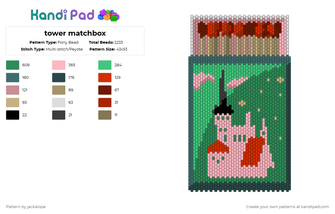 tower matchbox - Pony Bead Pattern by jackalope on Kandi Pad - green, matchbox, pink, teal, tower, wizard