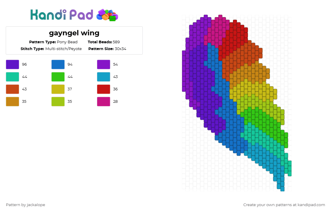 gayngel wing - Pony Bead Pattern by jackalope on Kandi Pad - purple,blue,green,red,gay,angel,pride,wing,parrot,bird,nature,animal