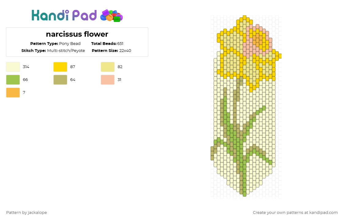 narcissus flower - Pony Bead Pattern by jackalope on Kandi Pad - white,yellow,beige,narcissus,flower,plant,nature,green