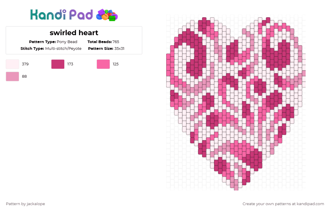 swirled heart - Pony Bead Pattern by jackalope on Kandi Pad - pink,white,swirl,love,heart,valentine,paisley,ombre,nature