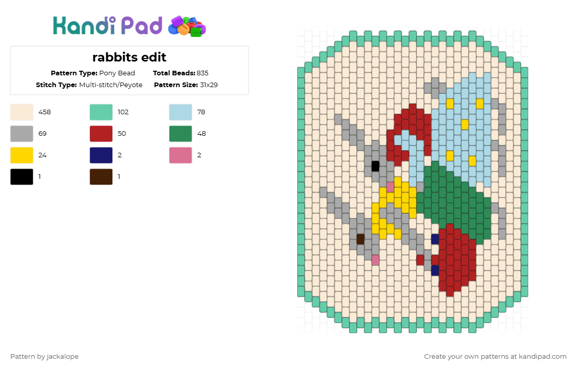 rabbits - Pony Bead Pattern by jackalope on Kandi Pad - white,teal,light blue,red,colorful,rabbit,cottagecore,vintage,animals