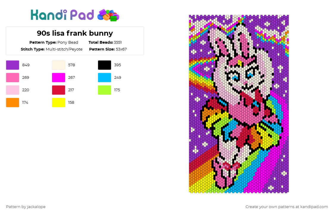 90s lisa frank bunny - Pony Bead Pattern by jackalope on Kandi Pad - pink,purple,lisa frank,neon,rabbit,animal,rainbow,cotd90snostalgia,space,ballet