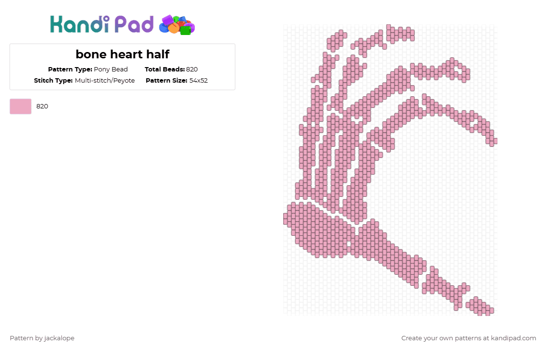 bone heart half - Pony Bead Pattern by jackalope on Kandi Pad - pink,bone,spooky,love,heart,skeleton,valentine