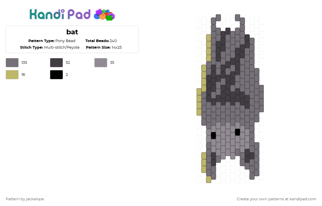 bat - Pony Bead Pattern by jackalope on Kandi Pad - gray,bat,spooky,halloween,cute,animal,bird