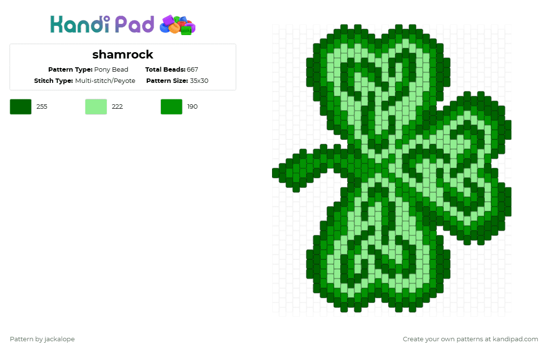 shamrock - Pony Bead Pattern by jackalope on Kandi Pad - green,teal,holiday,plant,shamrock,irish,ireland,nature,luck
