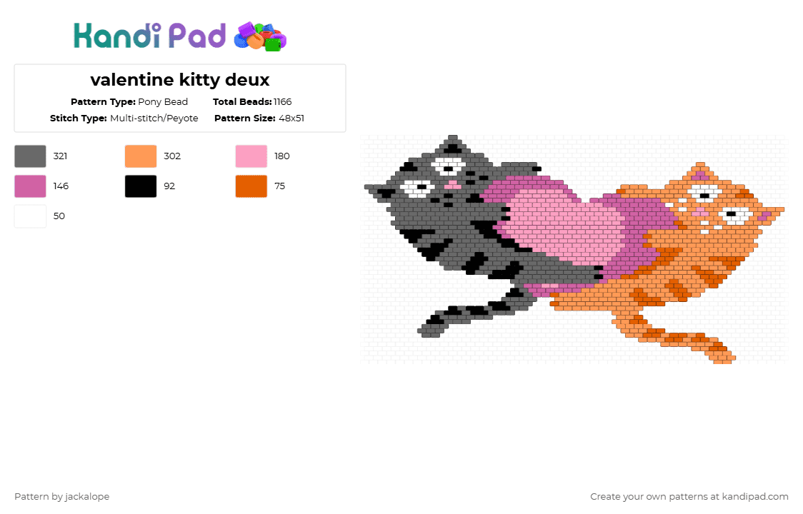 valentine kitty deux - Pony Bead Pattern by jackalope on Kandi Pad - orange,valentine,cat,love,heart,lesbian,animal