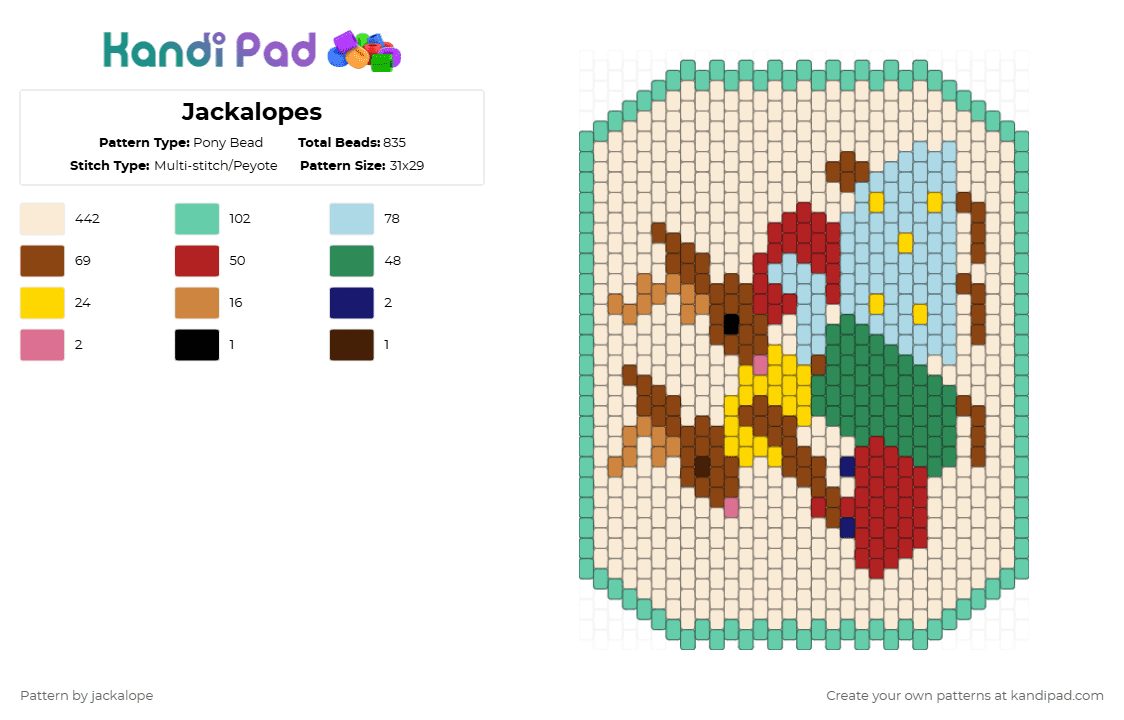 Jackalopes - Pony Bead Pattern by jackalope on Kandi Pad - white,teal,light blue,red,colorful,rabbit,cottagecore,vintage,animals,jackalope,cryptid