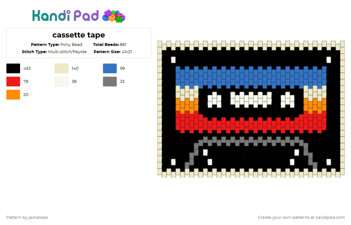cassette tape - Pony Bead Pattern by jackalope on Kandi Pad - black,beige,blue,red,cassette,music,retro,90s,tape
