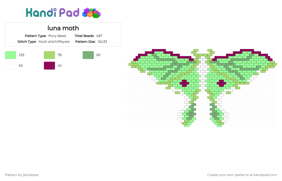 luna moth - Pony Bead Pattern by jackalope on Kandi Pad - teal,green