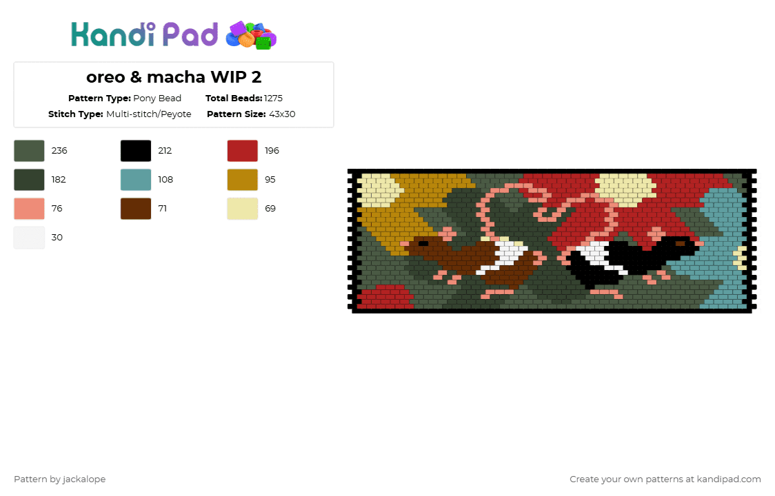 oreo & macha WIP 2 - Pony Bead Pattern by jackalope on Kandi Pad - gray,red