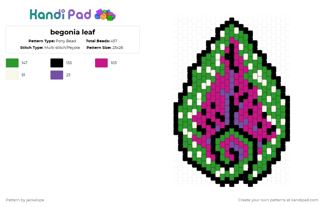 begonia leaf - Pony Bead Pattern by jackalope on Kandi Pad - green,pink,begonia,leaf,plant,nature